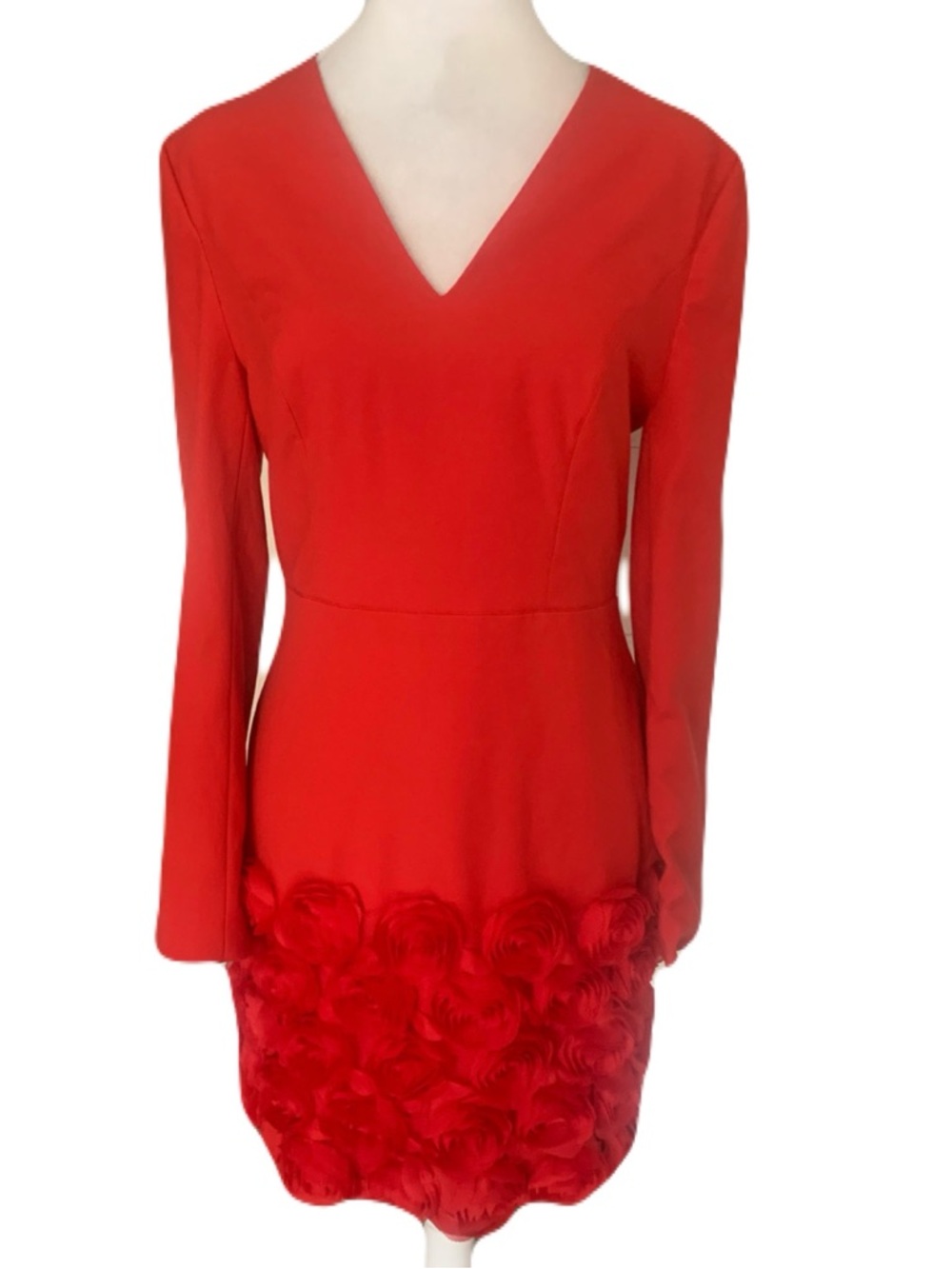 NWT Fehaute Size 4 Red V-Neck Long Sleeve Mini Dress with Rose-Embellished Hem